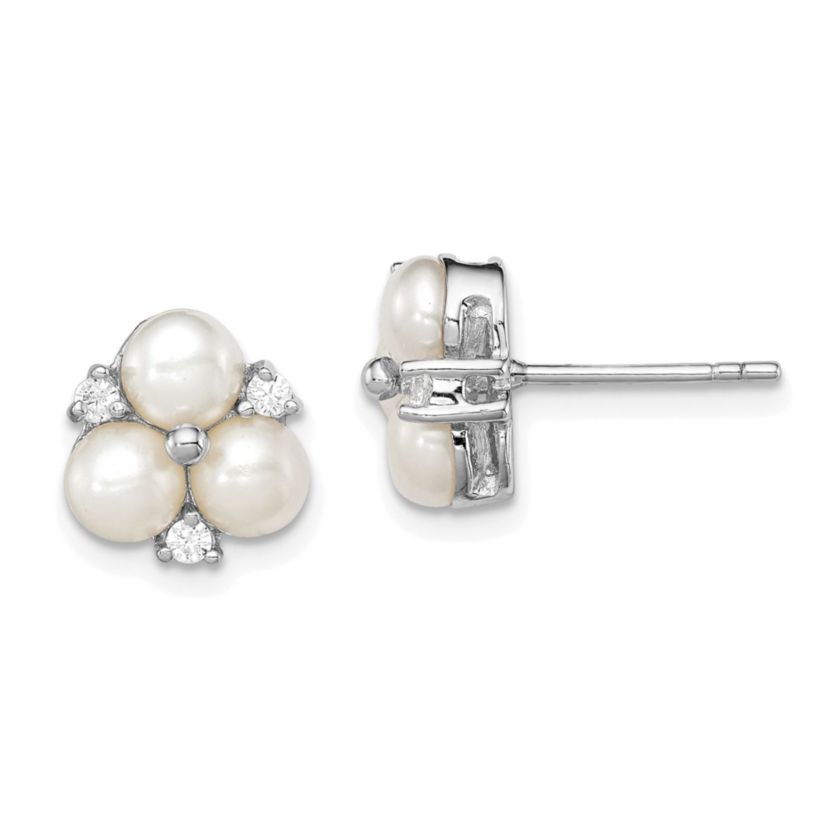 Sterling Silver Rhodium-plated 5-6mm White Freshwater Cultured 3-Pearl Cubic Zirconia Post Earrings