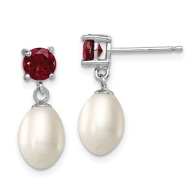 Belk & Co 1.225 ct. t.w. Garnet and Freshwater Cultured Pearl Rhodium-plated 7-8mm Teardrop Earrings in Sterling Silver, White