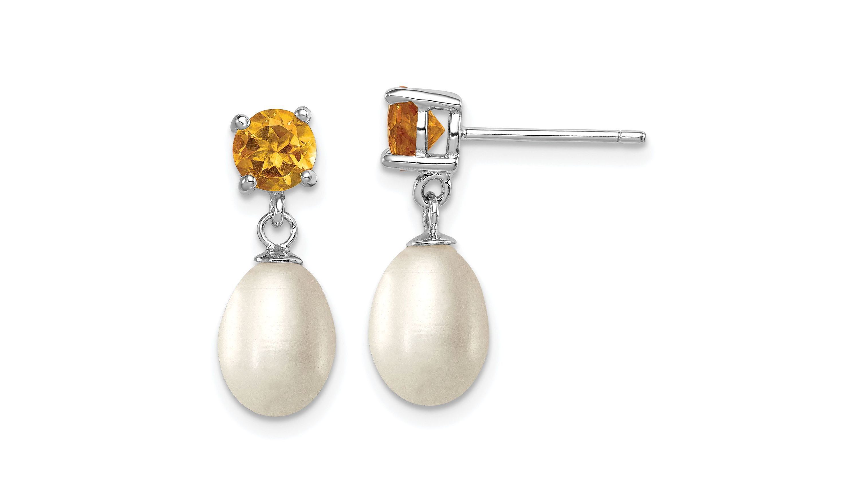 1.225 ct. t.w. Citrine and Freshwater Cultured Pearl Rhodium-plated 7-8mm Teardrop Earrings in Sterling Silver
