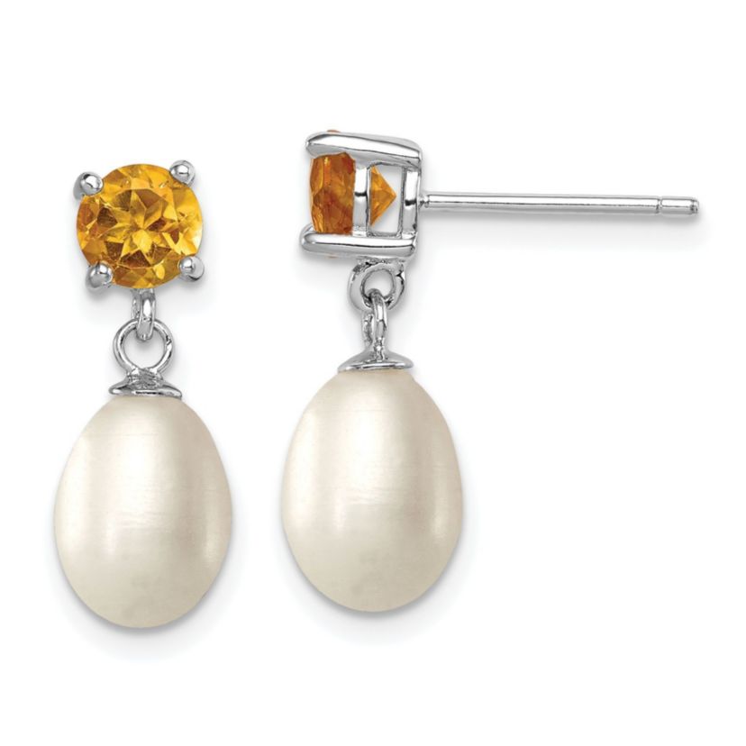 1.225 ct. t.w. Citrine and Freshwater Cultured Pearl Rhodium-plated 7-8mm Teardrop Earrings in Sterling Silver