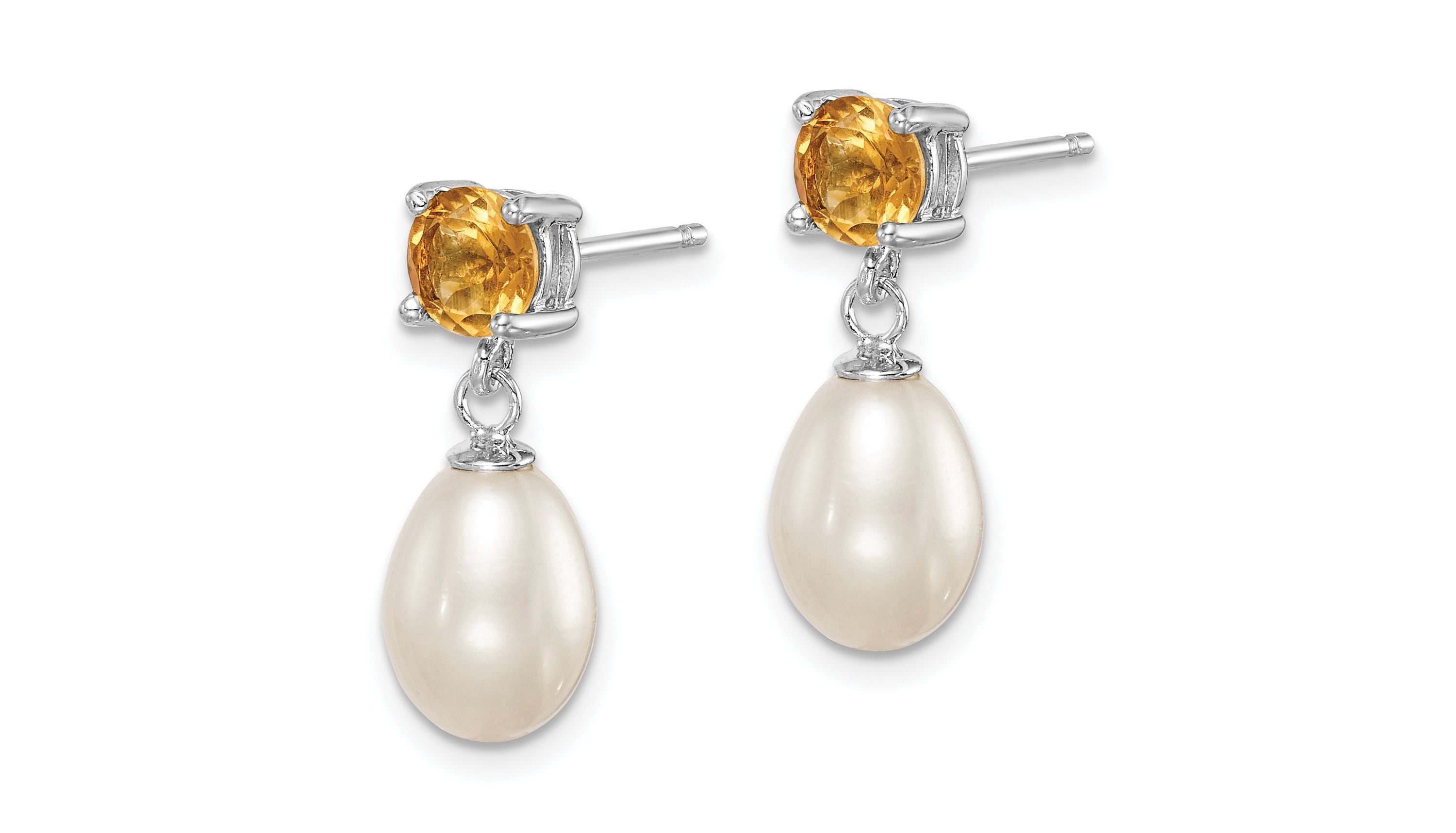 1.225 ct. t.w. Citrine and Freshwater Cultured Pearl Rhodium-plated 7-8mm Teardrop Earrings in Sterling Silver