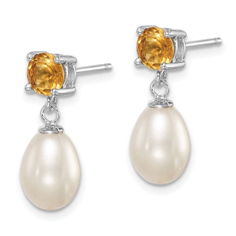 1.225 ct. t.w. Citrine and Freshwater Cultured Pearl Rhodium-plated 7-8mm Teardrop Earrings in Sterling Silver