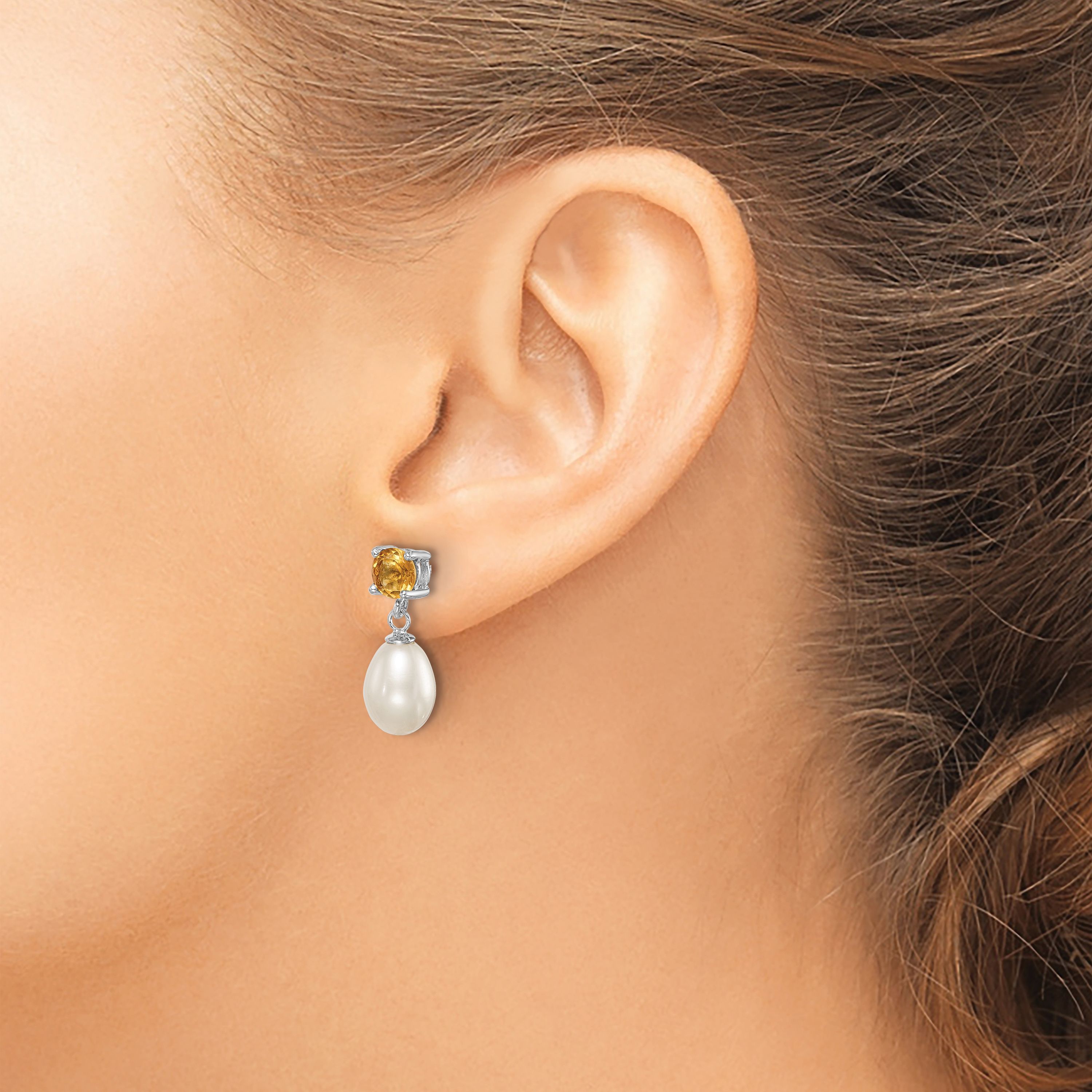 1.225 ct. t.w. Citrine and Freshwater Cultured Pearl Rhodium-plated 7-8mm Teardrop Earrings in Sterling Silver