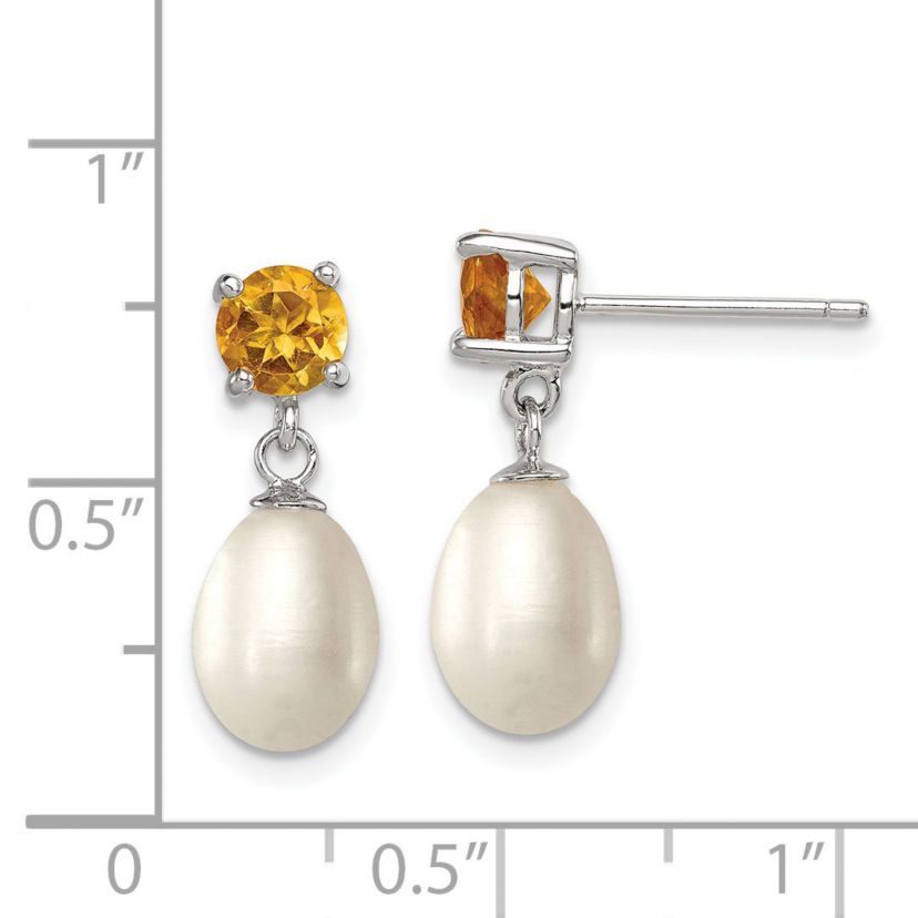 1.225 ct. t.w. Citrine and Freshwater Cultured Pearl Rhodium-plated 7-8mm Teardrop Earrings in Sterling Silver