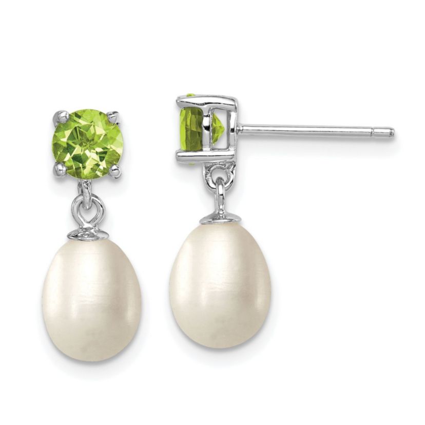 1.225 ct. t.w. Peridot and Freshwater Cultured Pearl Rhodium-plated 7-8mm Teardrop Earrings in Sterling Silver