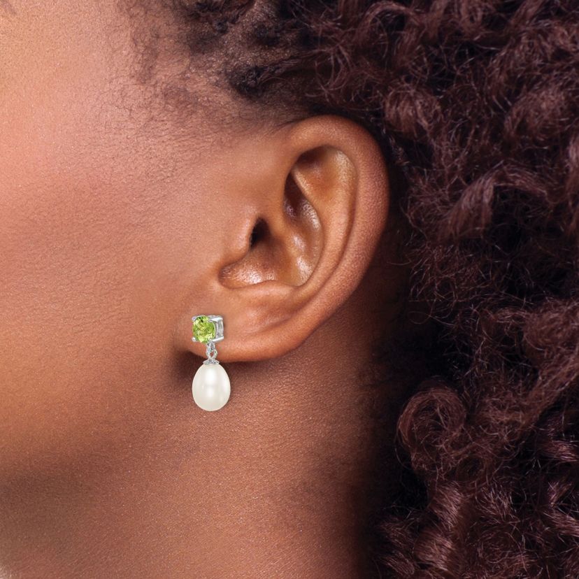 1.225 ct. t.w. Peridot and Freshwater Cultured Pearl Rhodium-plated 7-8mm Teardrop Earrings in Sterling Silver