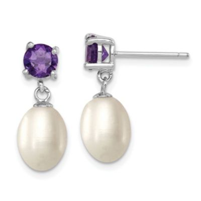 Belk & Co 1.225 ct. t.w. Amethyst and Freshwater Cultured Pearl Rhodium-plated 7-8mm Teardrop Earrings in Sterling Silver, White