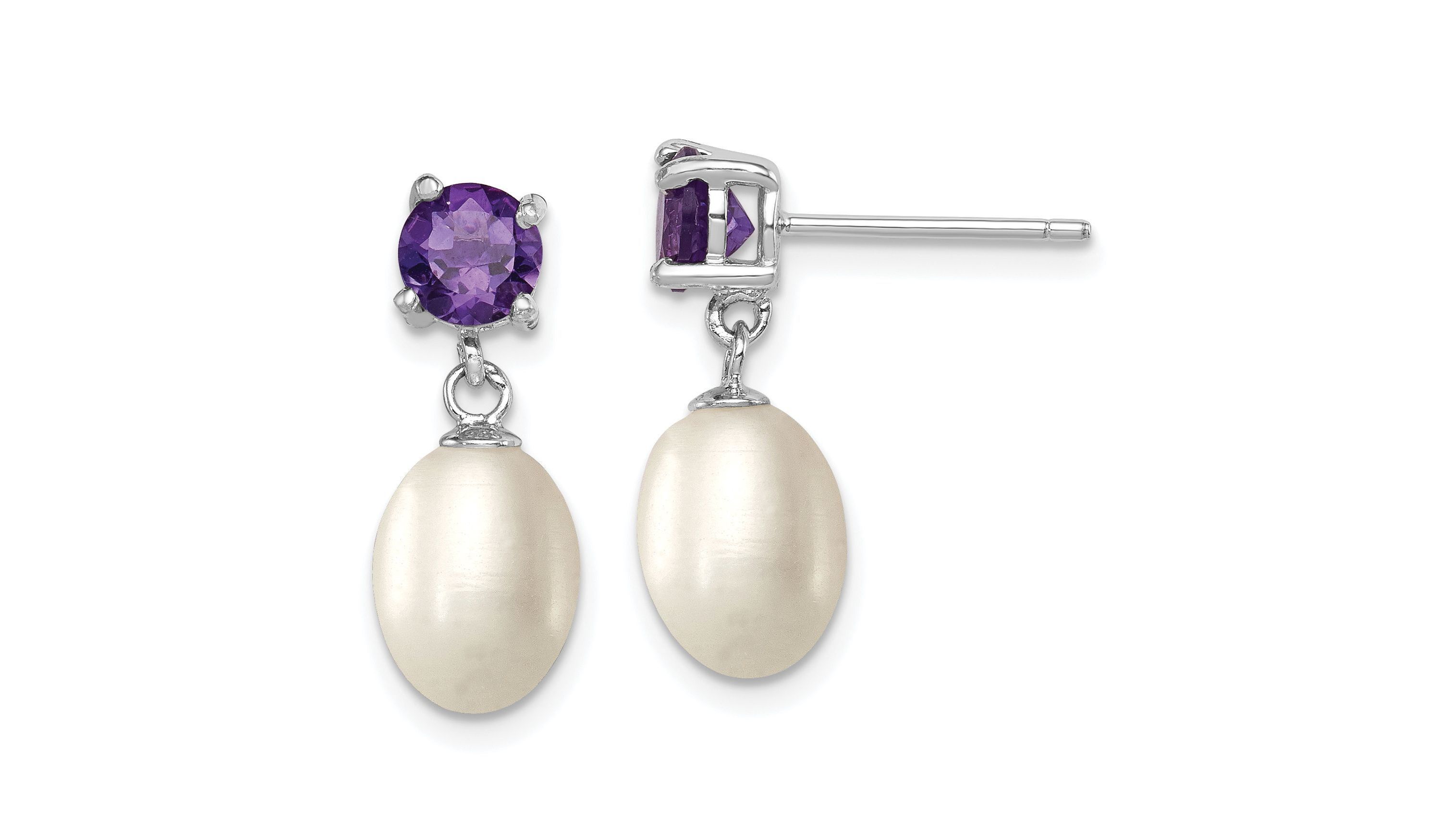 1.225 ct. t.w. Amethyst and Freshwater Cultured Pearl Rhodium-plated 7-8mm Teardrop Earrings in Sterling Silver