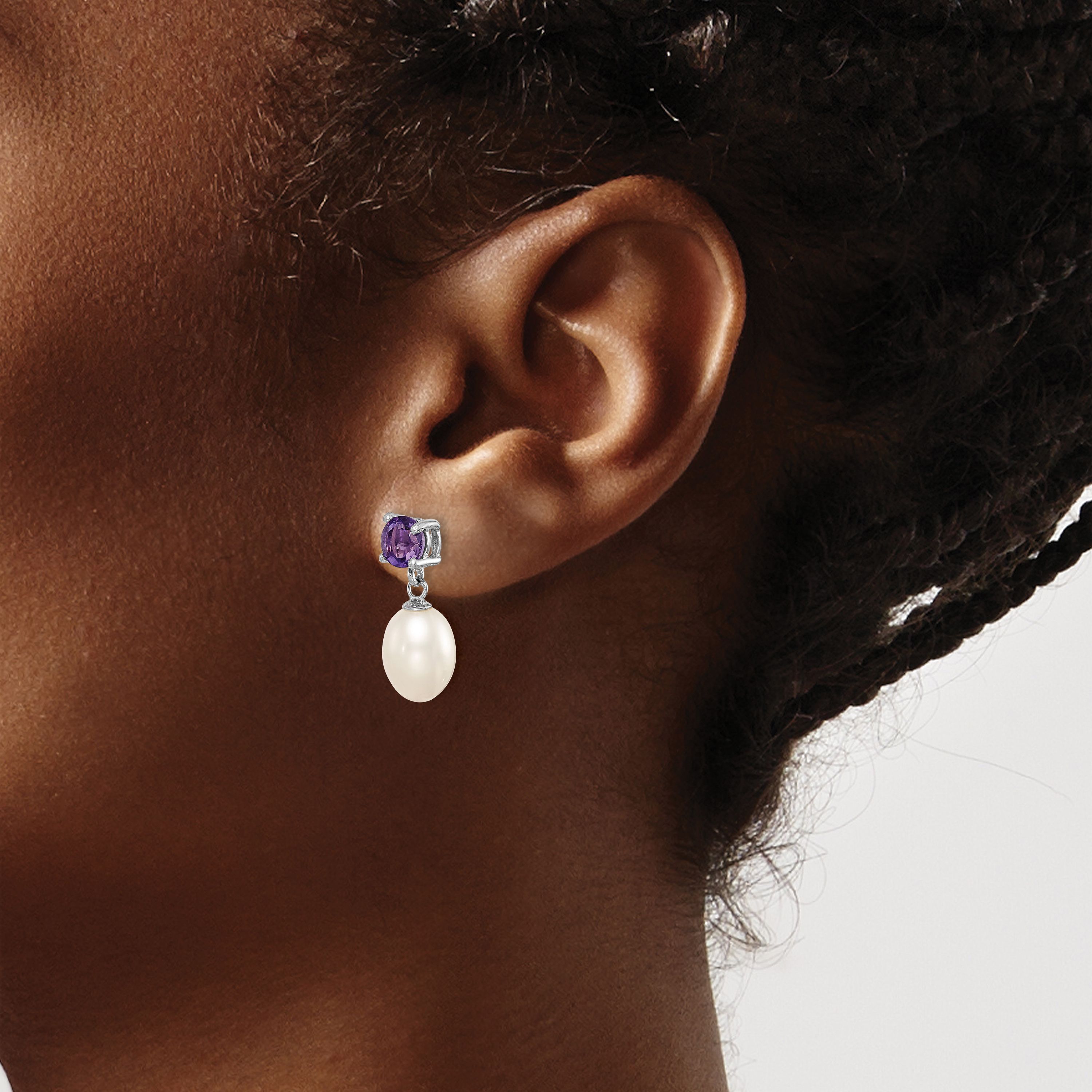 1.225 ct. t.w. Amethyst and Freshwater Cultured Pearl Rhodium-plated 7-8mm Teardrop Earrings in Sterling Silver