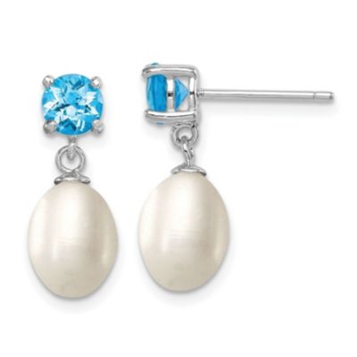 Belk & Co 1.225 ct. t.w. Blue Topaz and Freshwater Cultured Pearl Rhodium-plated 7-8mm Teardrop Earrings in Sterling Silver