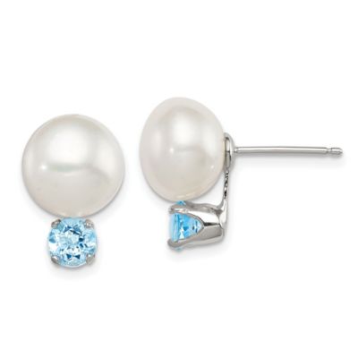 Belk & Co 1.30 ct. t.w. Blue Topaz with 10-11mm Freshwater Cultured Pearl Button Pearl Earrings in Sterling Silver, White