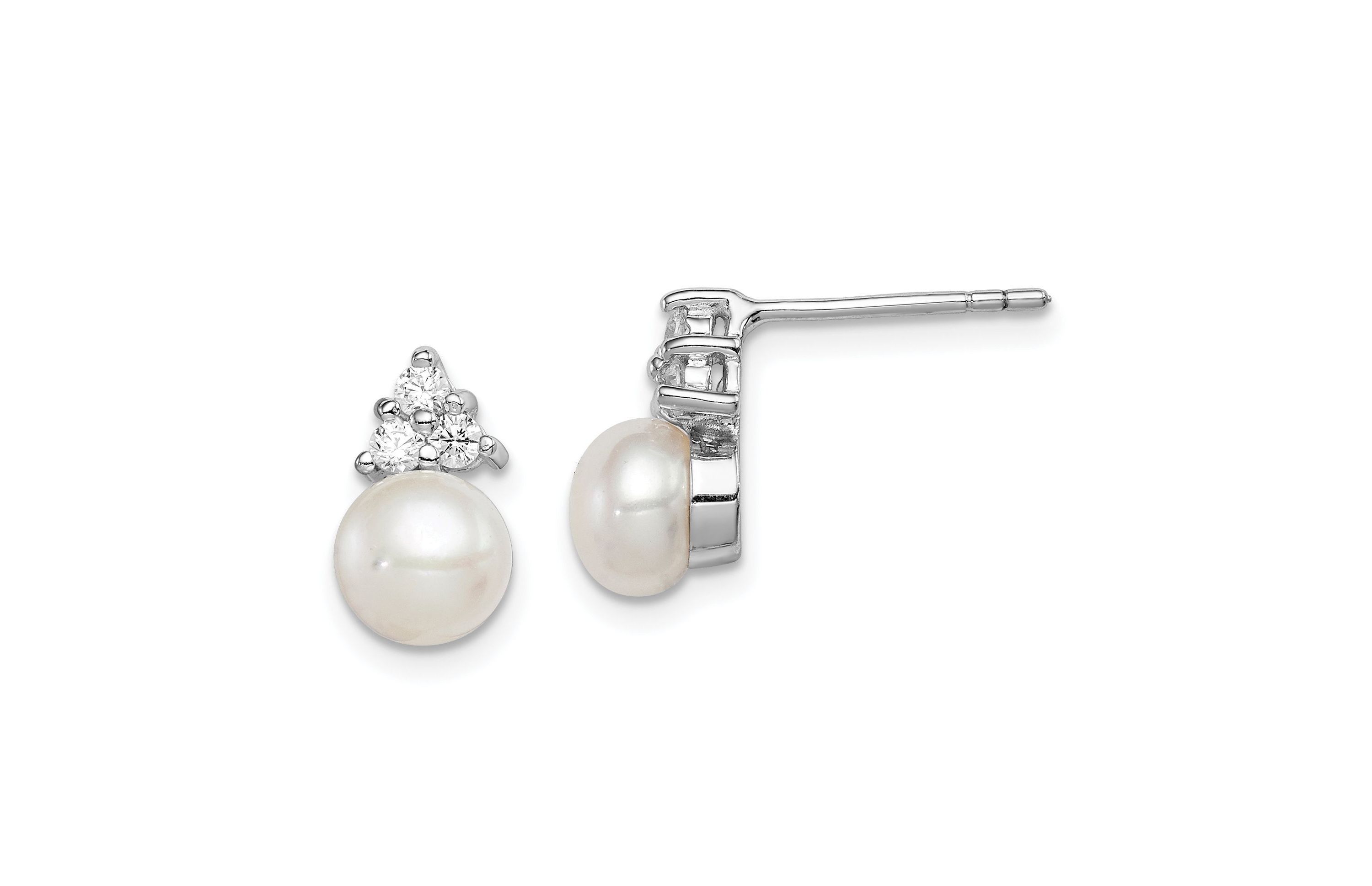 Sterling Silver Rhodium-plated 6-7mm White Freshwater Cultured Pearl Cubic Zirconia Post Earrings