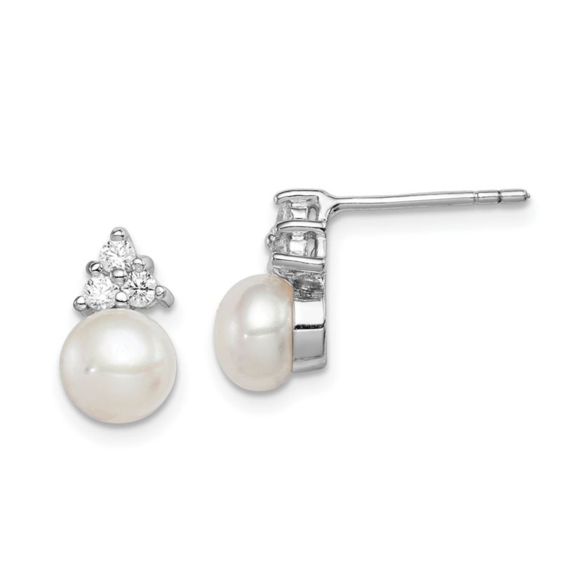 Sterling Silver Rhodium-plated 6-7mm White Freshwater Cultured Pearl Cubic Zirconia Post Earrings