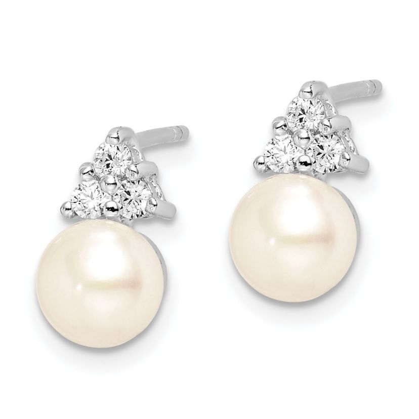 Sterling Silver Rhodium-plated 6-7mm White Freshwater Cultured Pearl Cubic Zirconia Post Earrings
