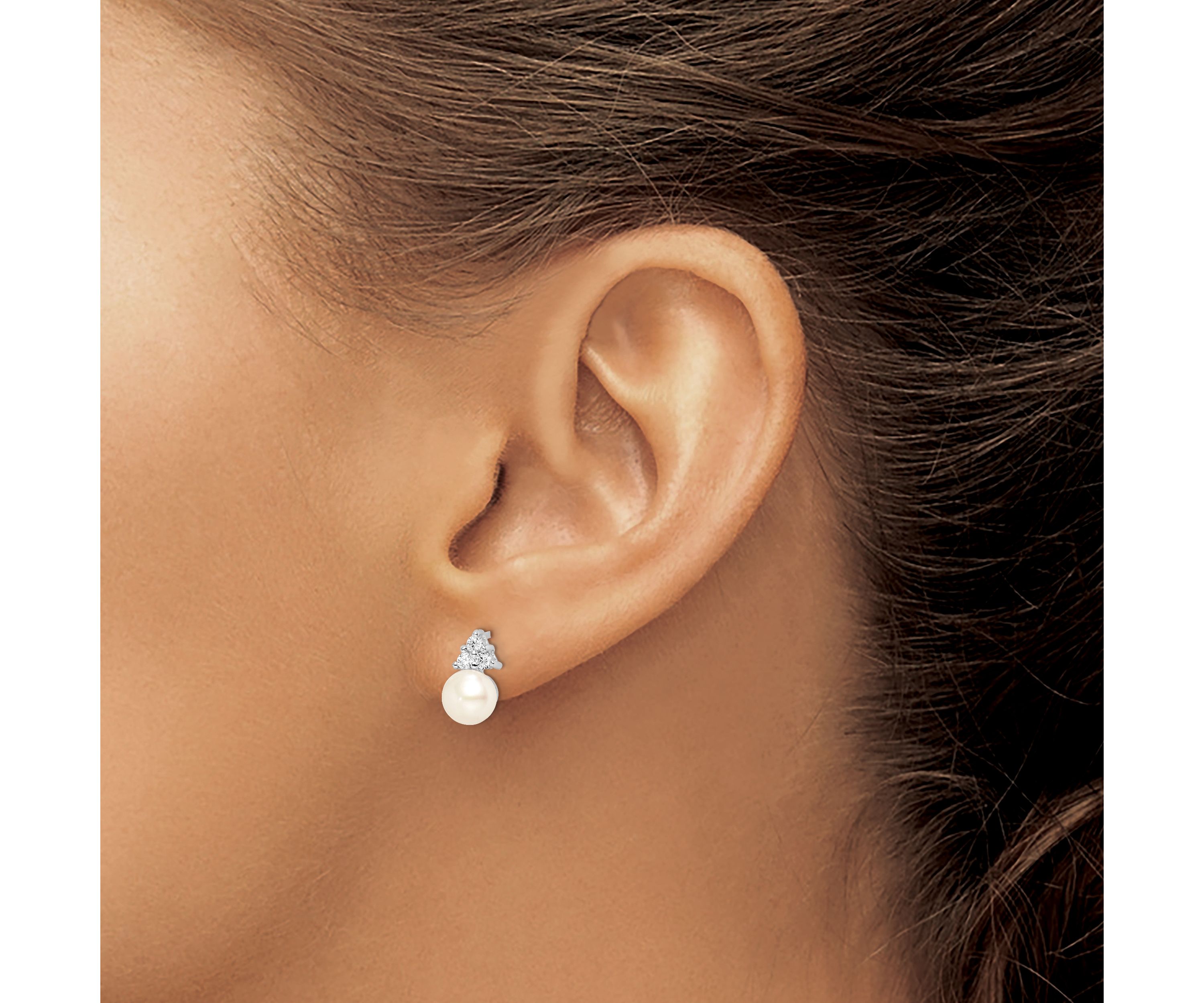 Sterling Silver Rhodium-plated 6-7mm White Freshwater Cultured Pearl Cubic Zirconia Post Earrings
