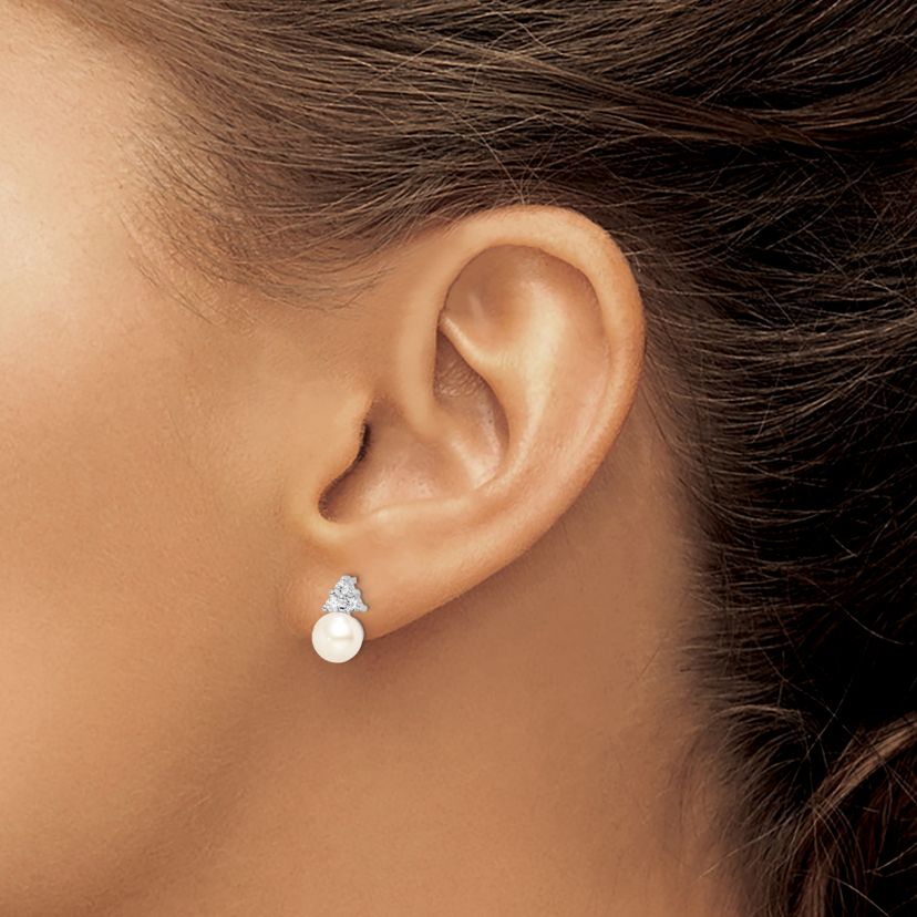 Sterling Silver Rhodium-plated 6-7mm White Freshwater Cultured Pearl Cubic Zirconia Post Earrings