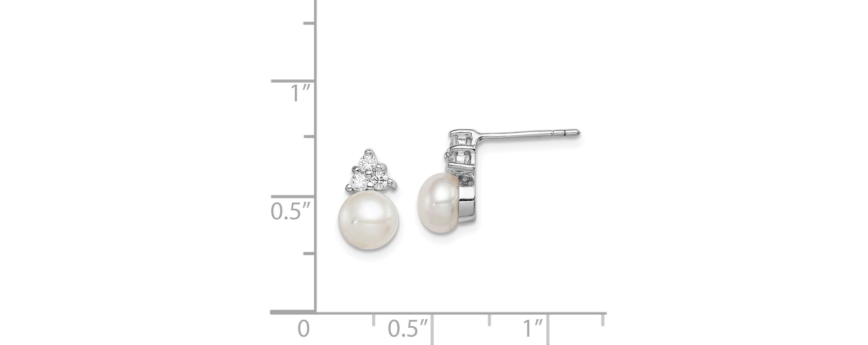 Sterling Silver Rhodium-plated 6-7mm White Freshwater Cultured Pearl Cubic Zirconia Post Earrings