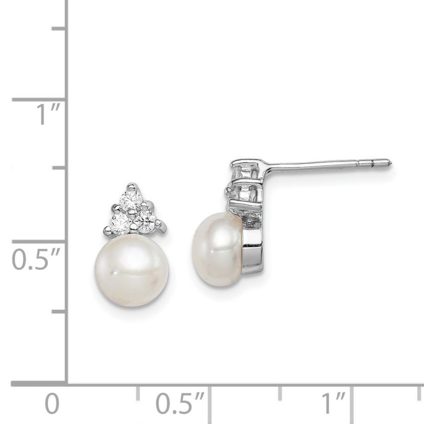 Sterling Silver Rhodium-plated 6-7mm White Freshwater Cultured Pearl Cubic Zirconia Post Earrings