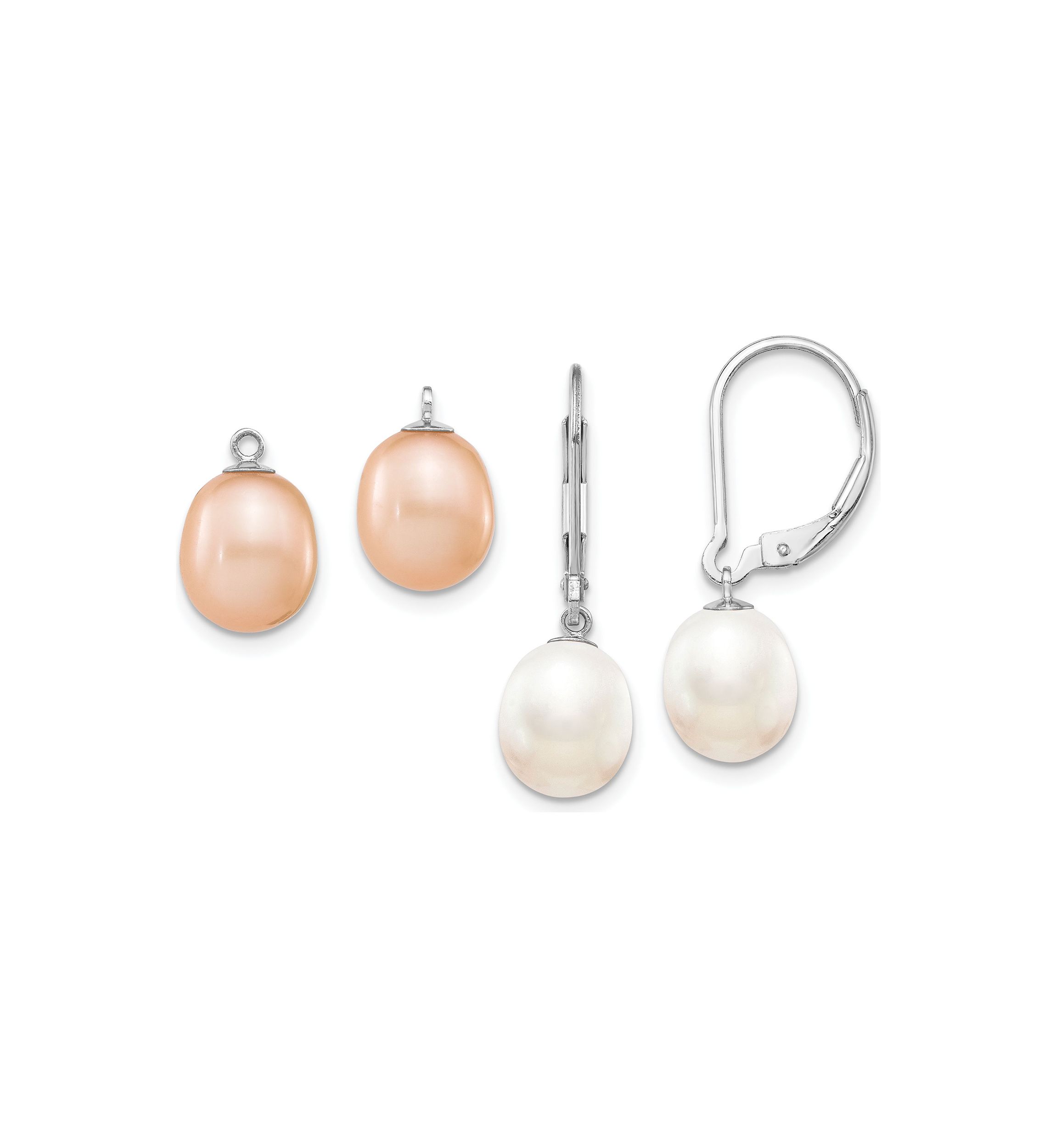 Sterling Silver Rhodium-plated 7-8mm Freshwater Cultured Pearl Leverback 2pc Enhancer Set