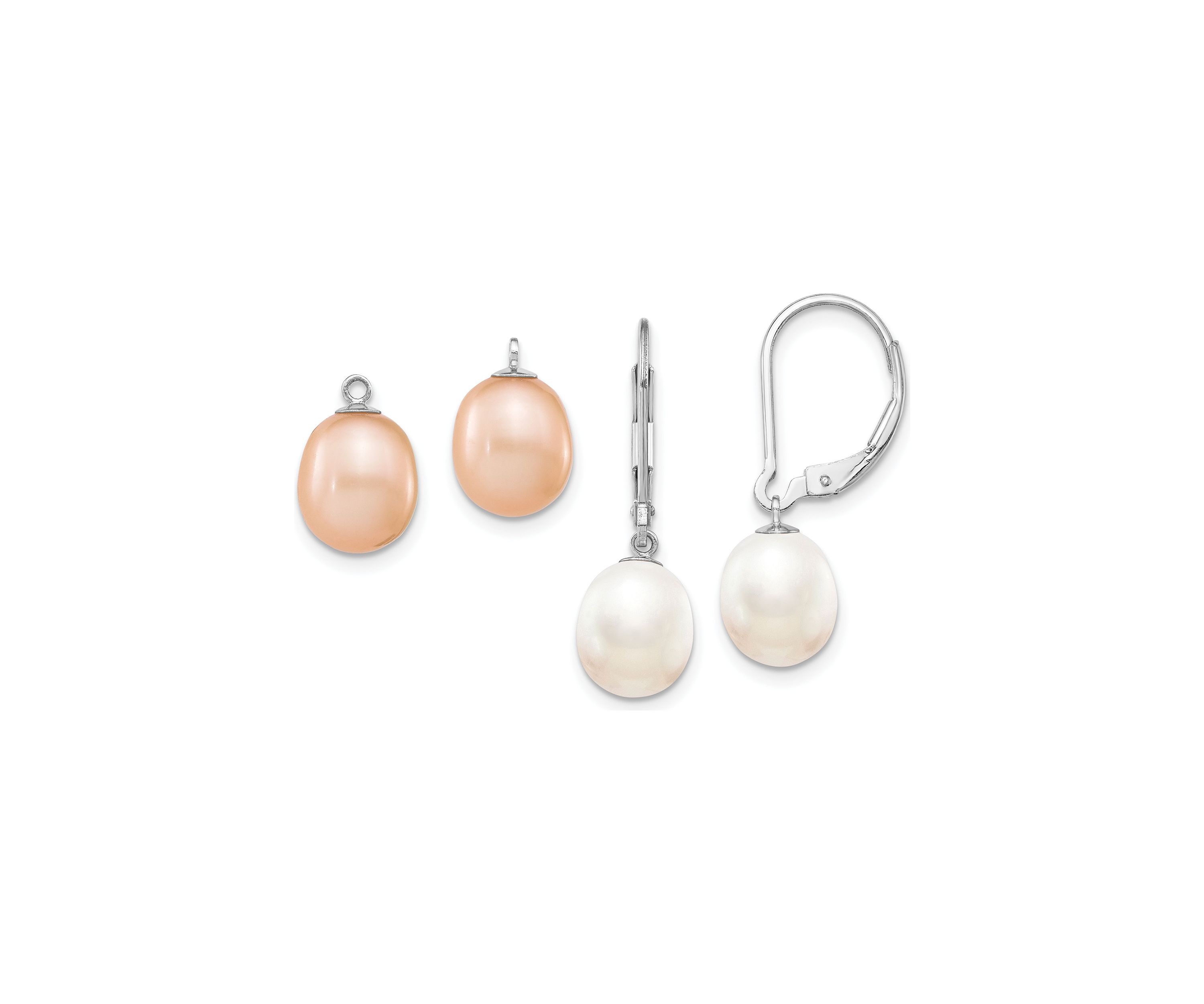 Sterling Silver Rhodium-plated 7-8mm Freshwater Cultured Pearl Leverback 2pc Enhancer Set