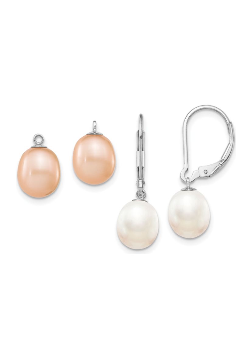Sterling Silver Rhodium-plated 7-8mm Freshwater Cultured Pearl Leverback 2pc Enhancer Set