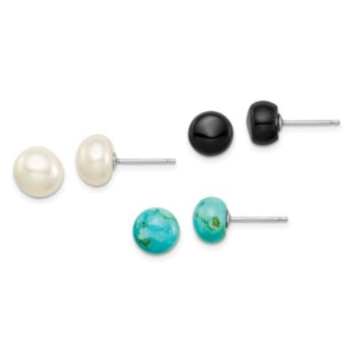 Belk & Co Sterling Silver 8-8.5mm Button Freshwater Cultured Pearl / Stab. Turquoise / Black Agate Earrings Set