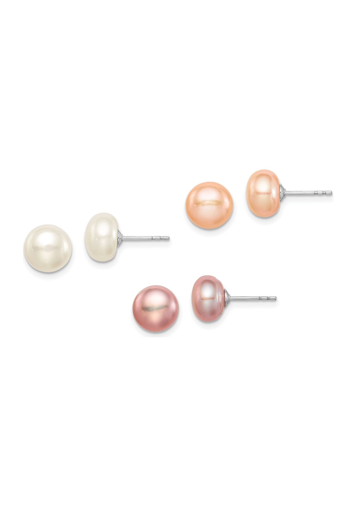 Sterling Silver Rhodium-plated 8-9mm Multi-Color Freshwater Cultured Pearl Button Earrings Set