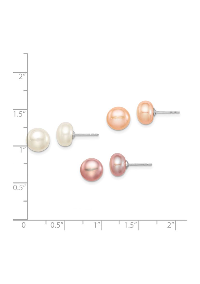 Sterling Silver Rhodium-plated 8-9mm Multi-Color Freshwater Cultured Pearl Button Earrings Set