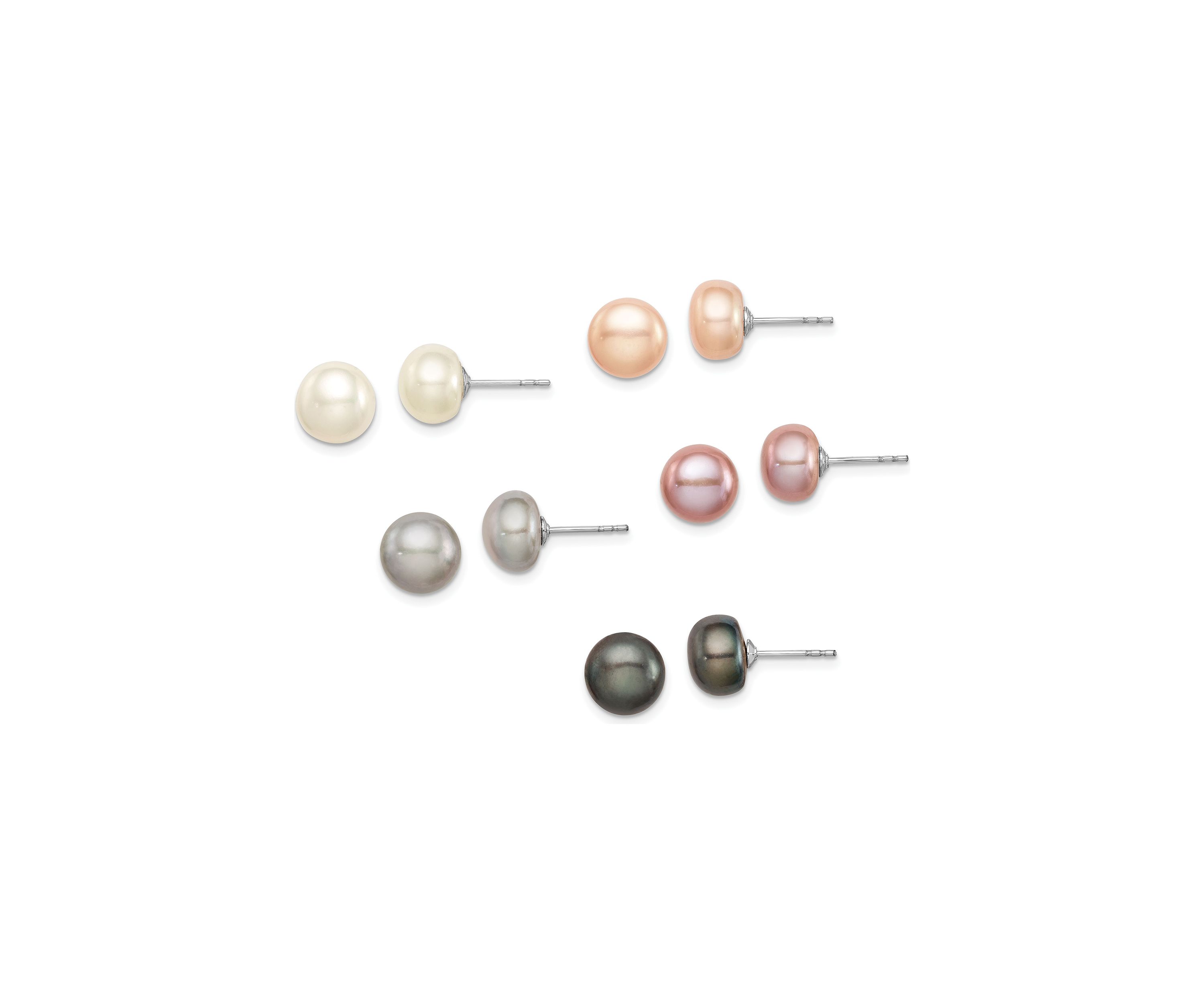 Sterling Silver Rhodium-plated 8-9mm Freshwater Cultured Pearl Button Stud Earring Set