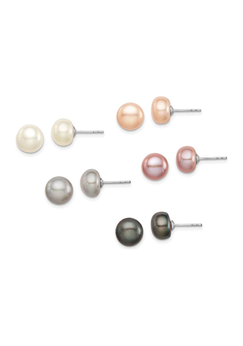 Sterling Silver Rhodium-plated 8-9mm Freshwater Cultured Pearl Button Stud Earring Set