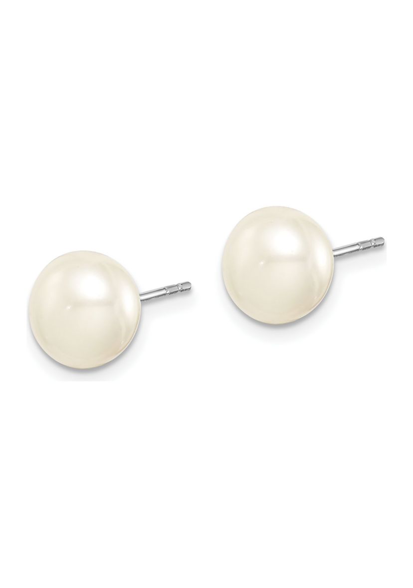 Sterling Silver Rhodium-plated 8-9mm Freshwater Cultured Pearl Button Stud Earring Set