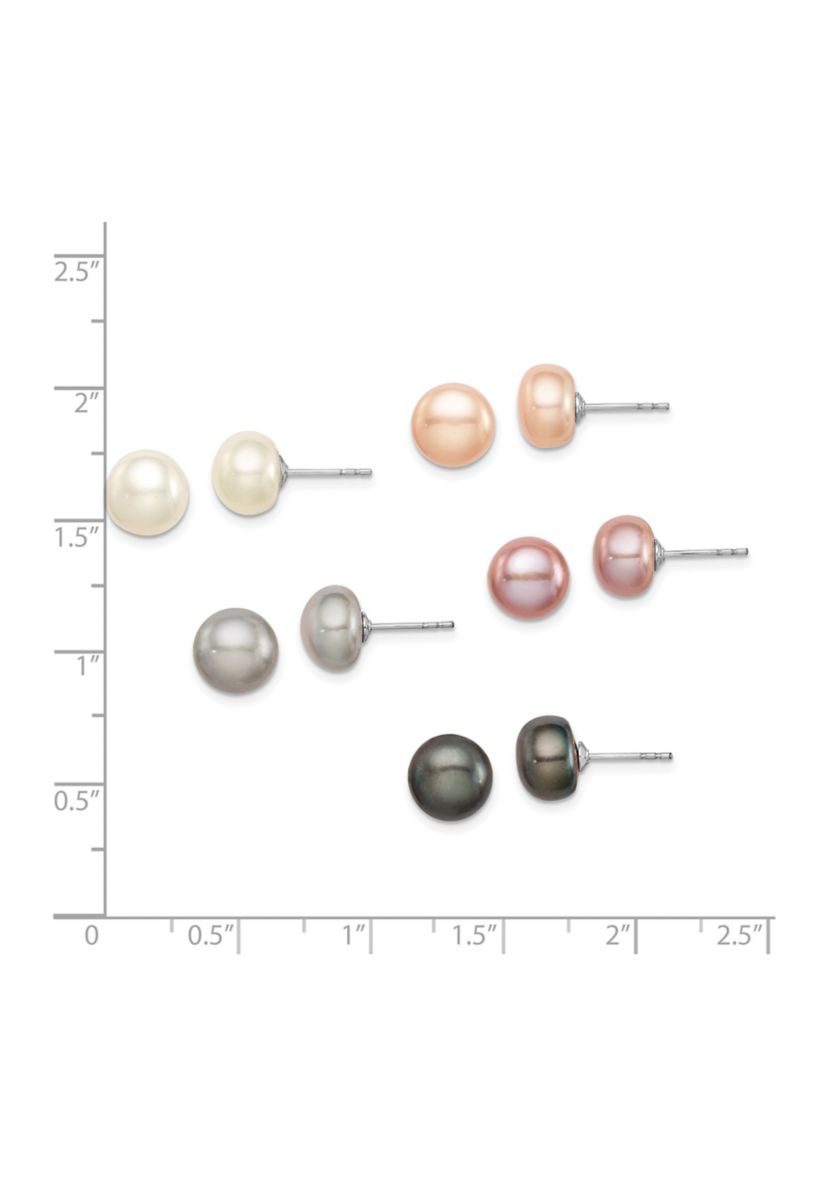 Sterling Silver Rhodium-plated 8-9mm Freshwater Cultured Pearl Button Stud Earring Set