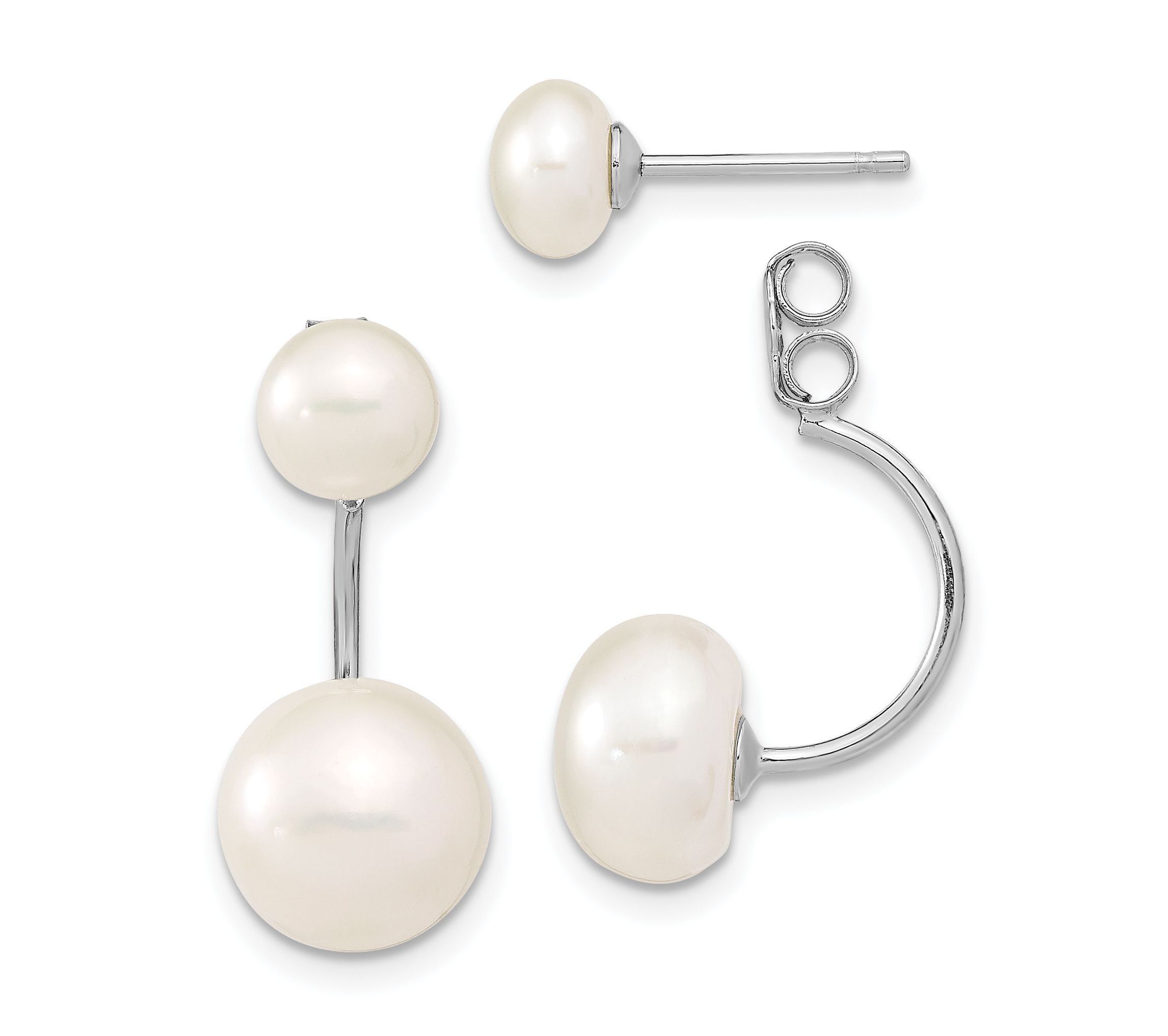 Sterling Silver Rhodium-plated 5-6mm/8-9mm White Freshwater Cultured Pearl Front/Back Earrings