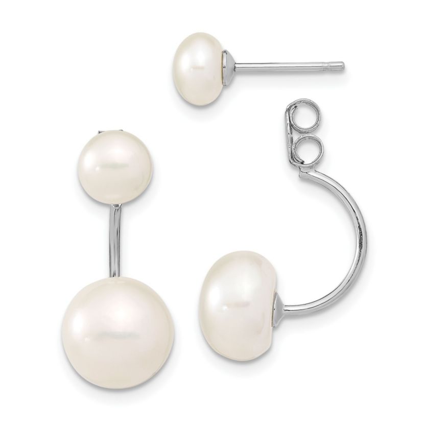 Sterling Silver Rhodium-plated 5-6mm/8-9mm White Freshwater Cultured Pearl Front/Back Earrings
