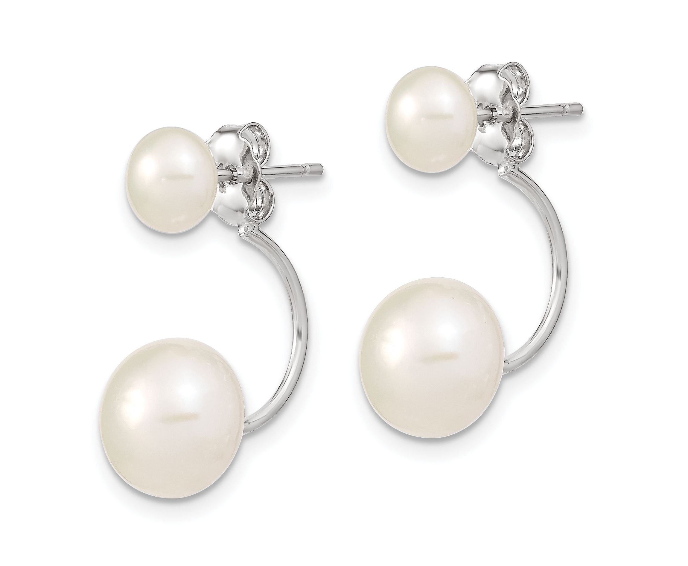 Sterling Silver Rhodium-plated 5-6mm/8-9mm White Freshwater Cultured Pearl Front/Back Earrings