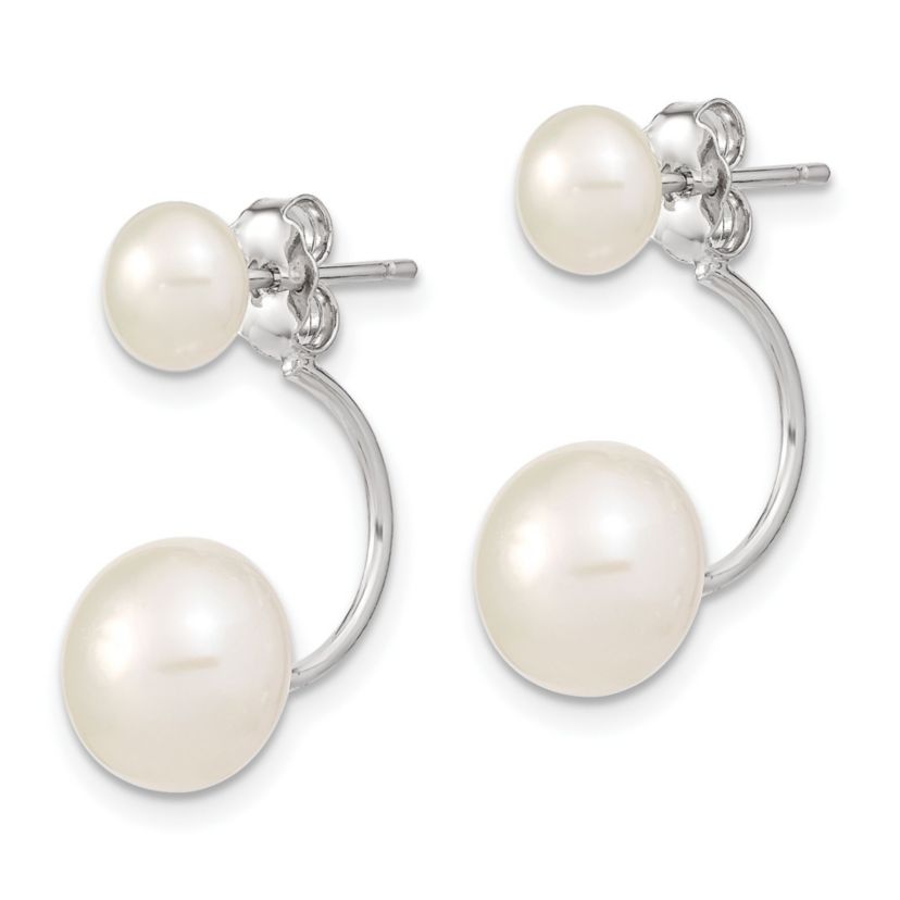 Sterling Silver Rhodium-plated 5-6mm/8-9mm White Freshwater Cultured Pearl Front/Back Earrings