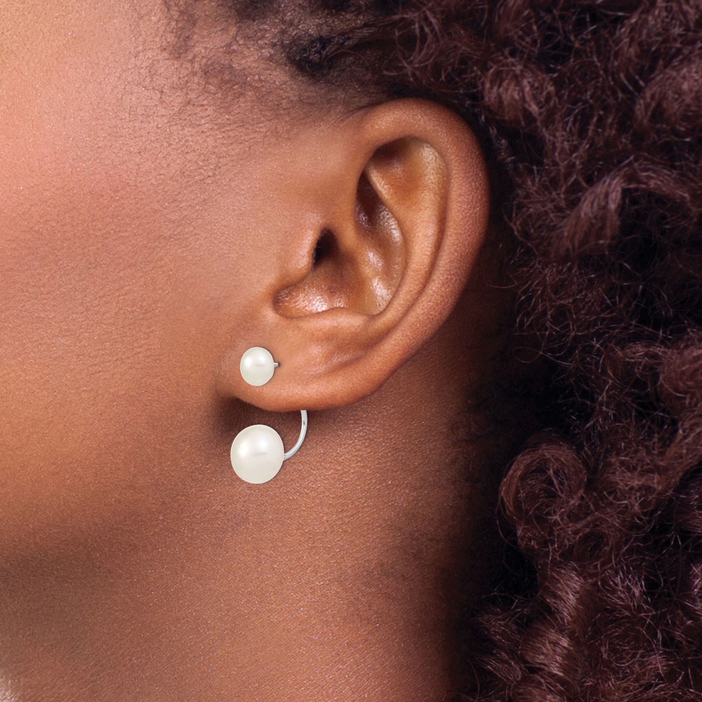 Sterling Silver Rhodium-plated 5-6mm/8-9mm White Freshwater Cultured Pearl Front/Back Earrings