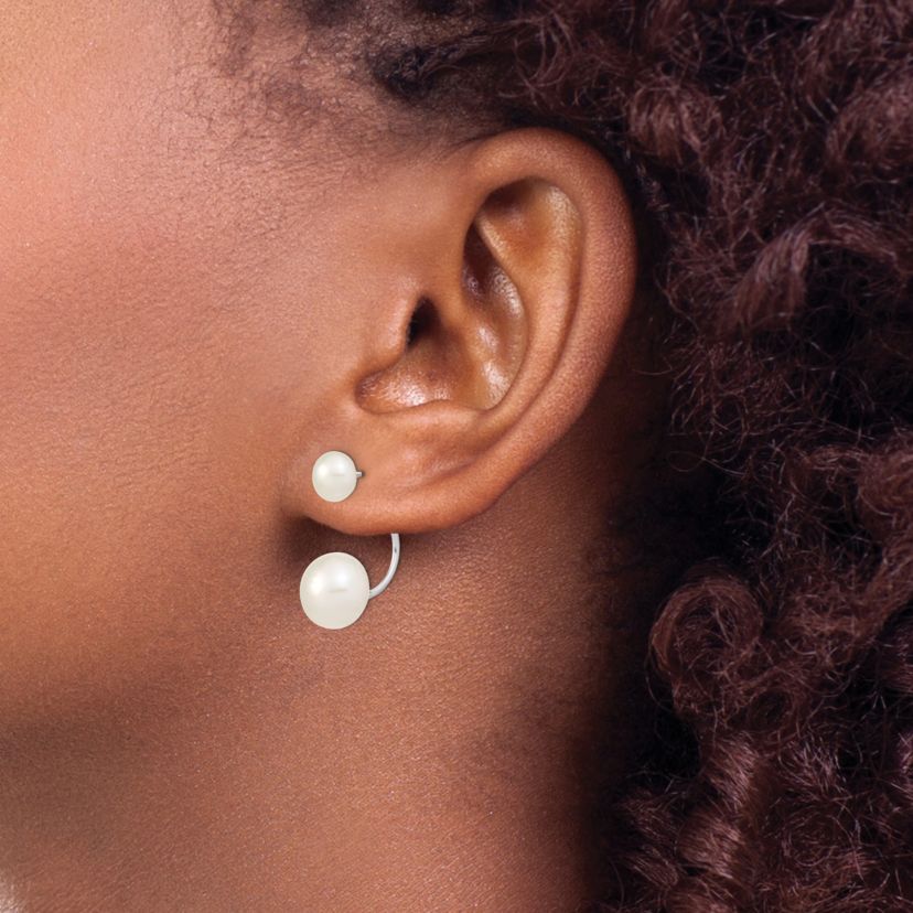 Sterling Silver Rhodium-plated 5-6mm/8-9mm White Freshwater Cultured Pearl Front/Back Earrings