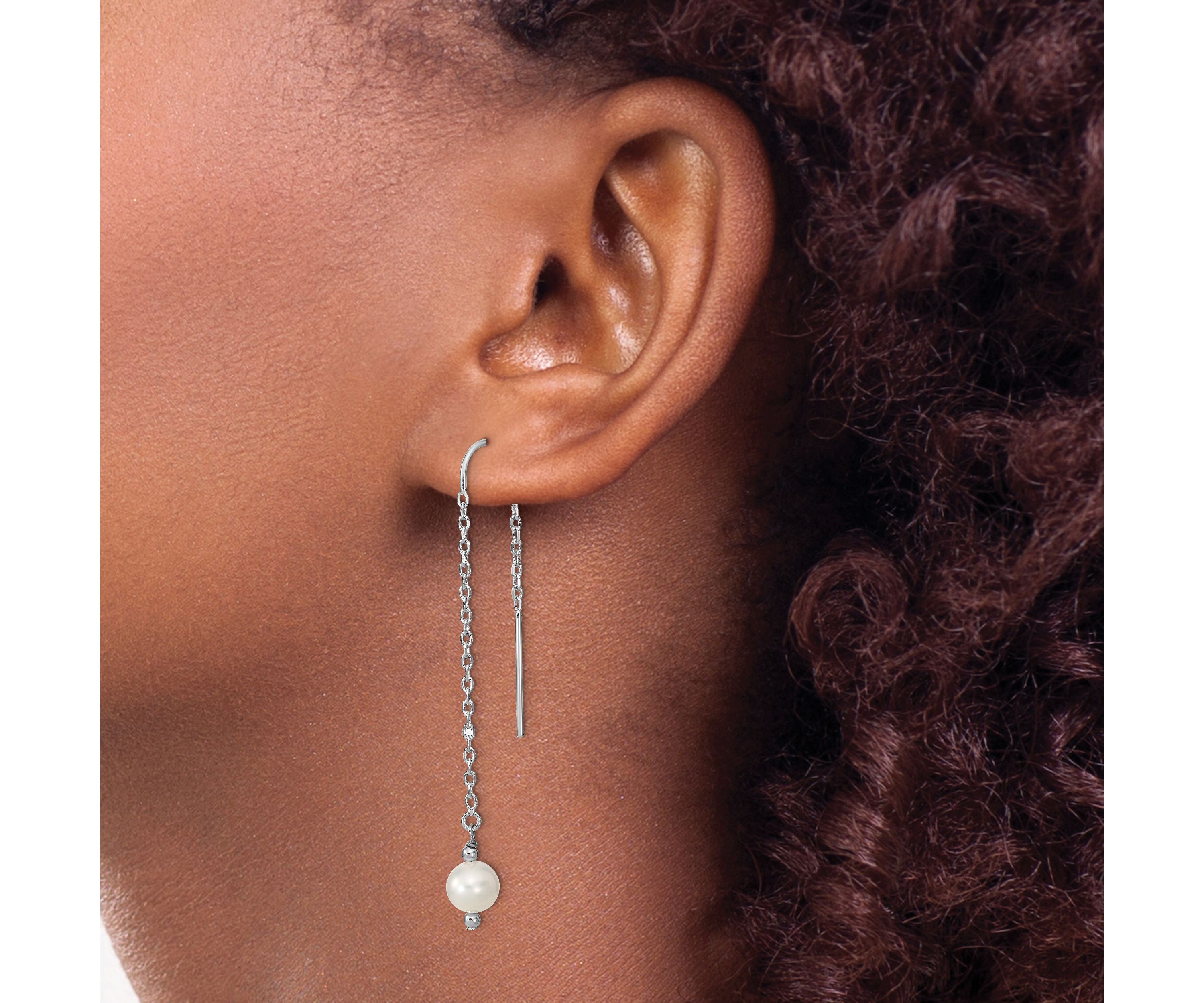 Sterling Silver Rhodium-plated 6-7mm White Freshwater Cultured Pearl Threaded Earrings