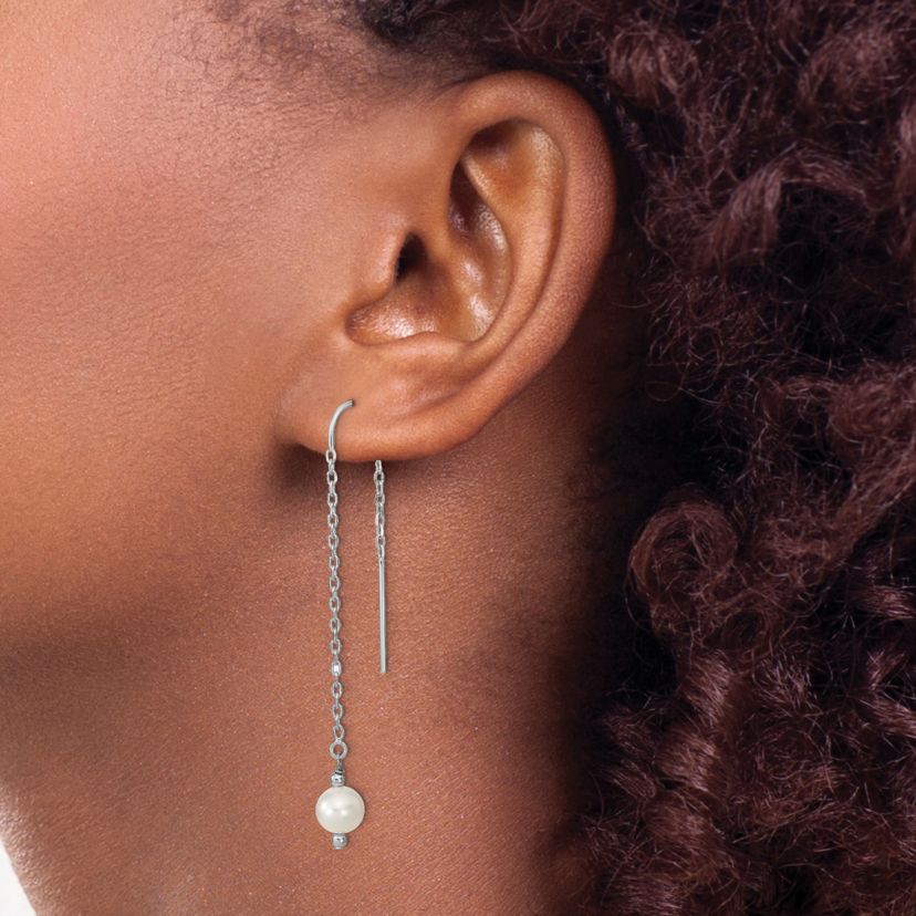 Sterling Silver Rhodium-plated 6-7mm White Freshwater Cultured Pearl Threaded Earrings