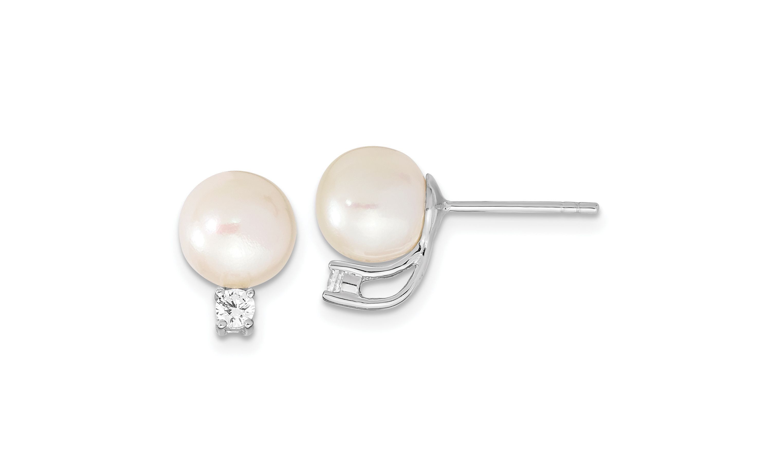 Sterling Silver Rhodium-plated 8-9mm White Round Freshwater Cultured Pearl Cubic Zirconia Post Earrings