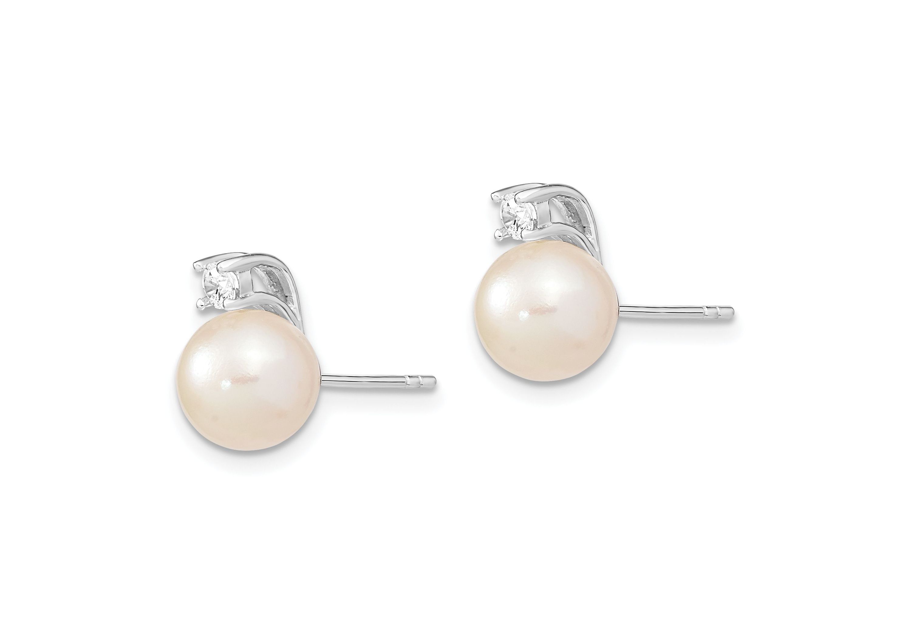 Sterling Silver Rhodium-plated 8-9mm White Round Freshwater Cultured Pearl Cubic Zirconia Post Earrings