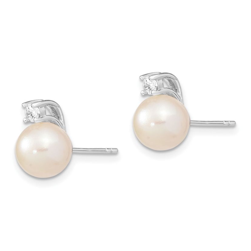 Sterling Silver Rhodium-plated 8-9mm White Round Freshwater Cultured Pearl Cubic Zirconia Post Earrings