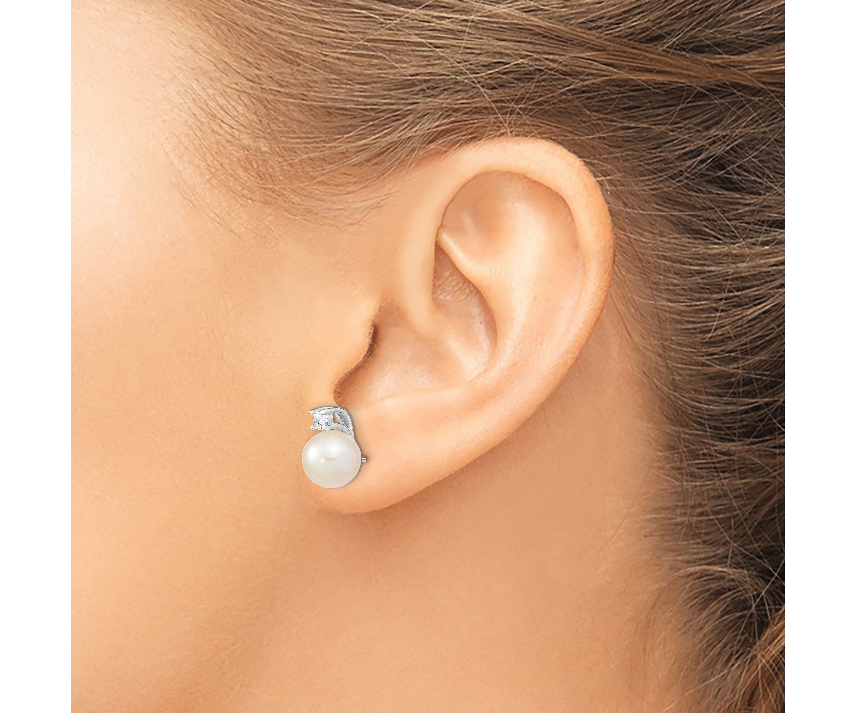 Sterling Silver Rhodium-plated 8-9mm White Round Freshwater Cultured Pearl Cubic Zirconia Post Earrings