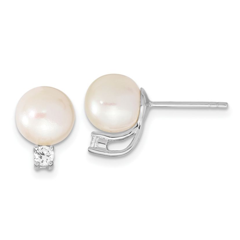 Sterling Silver Rhodium-plated 8-9mm White Round Freshwater Cultured Pearl Cubic Zirconia Post Earrings