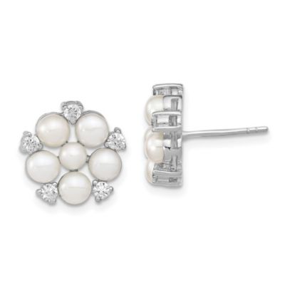 Belk & Co Sterling Silver Rhodium-plated 3-5mm White Button Freshwater Cultured Pearl Cubic Zirconia Post Earrings