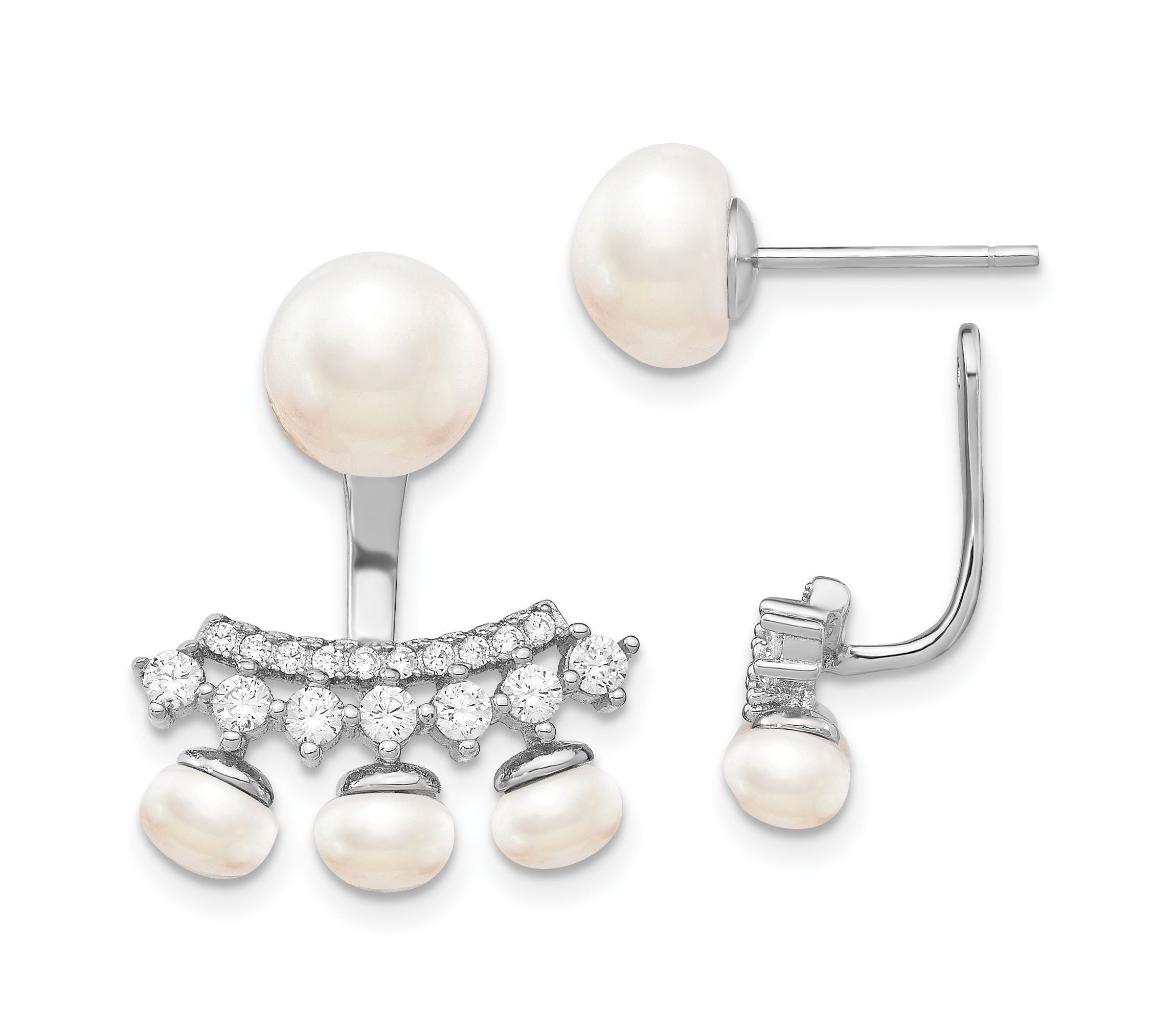 Sterling Silver Rhodium-plated White Freshwater Cultured Pearl Cubic Zirconia Front/Back Earrings