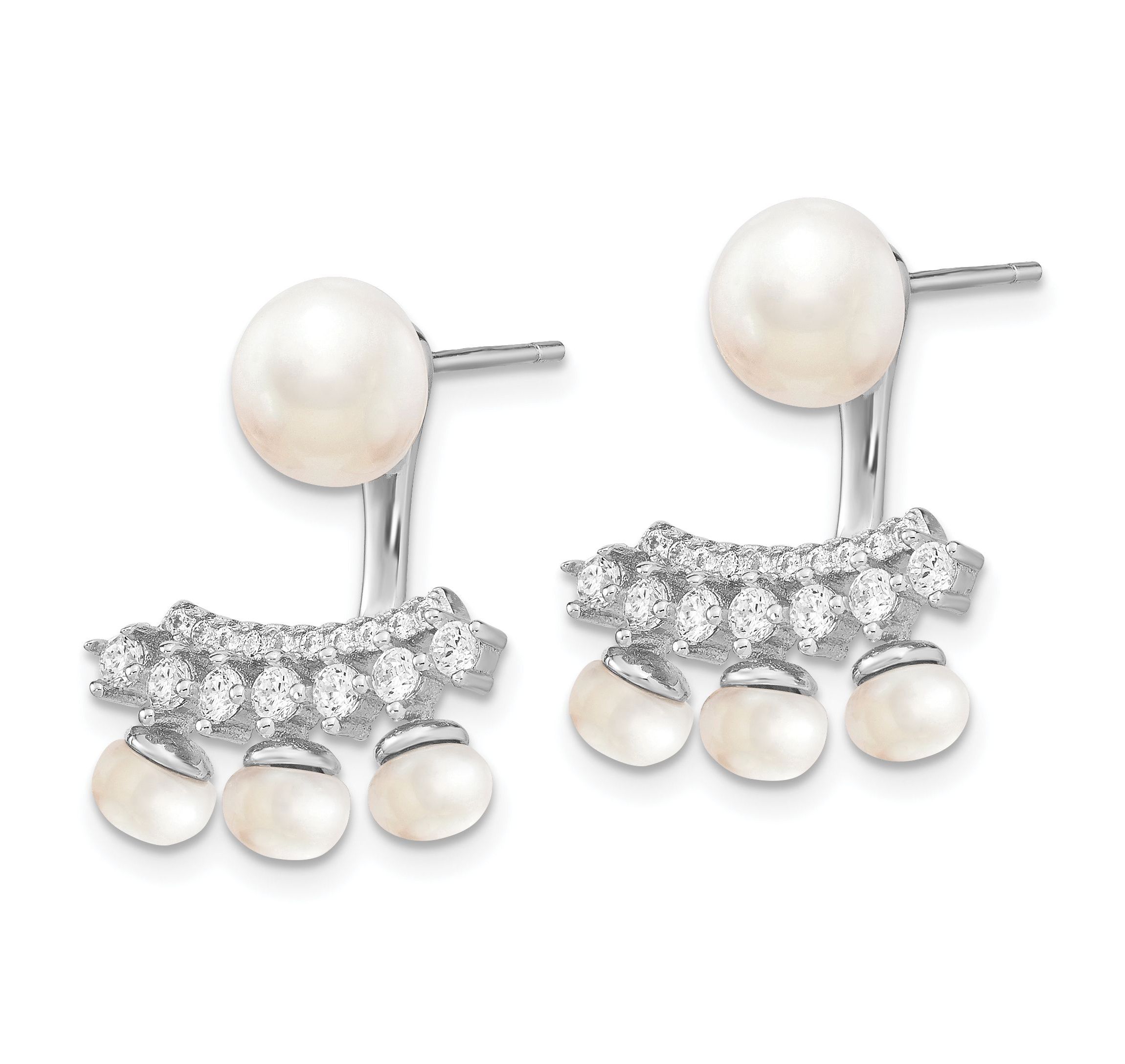 Sterling Silver Rhodium-plated White Freshwater Cultured Pearl Cubic Zirconia Front/Back Earrings