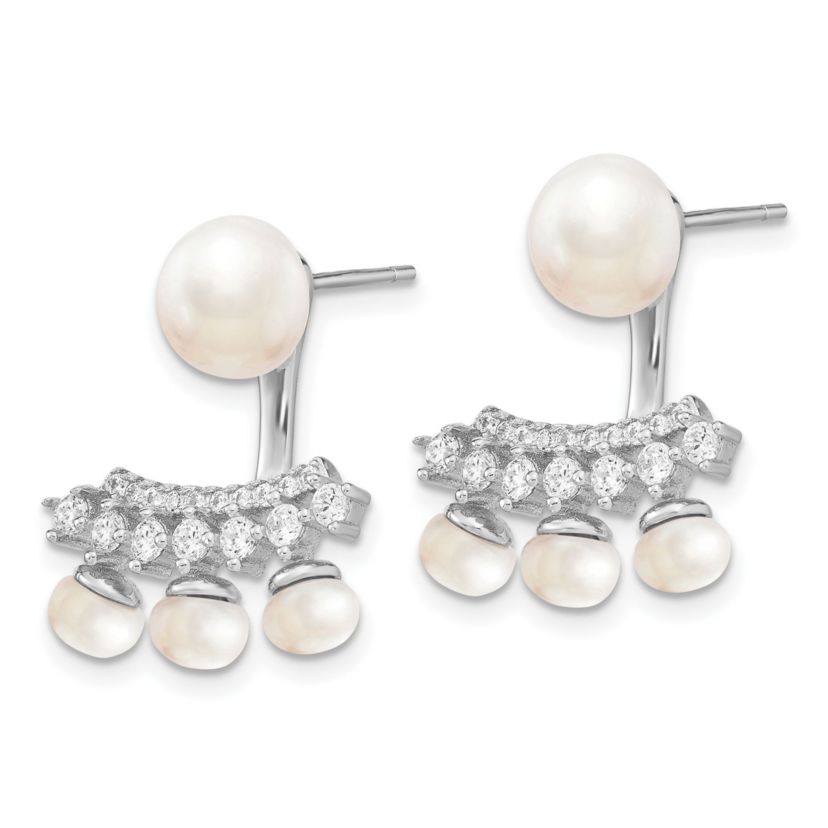 Sterling Silver Rhodium-plated White Freshwater Cultured Pearl Cubic Zirconia Front/Back Earrings