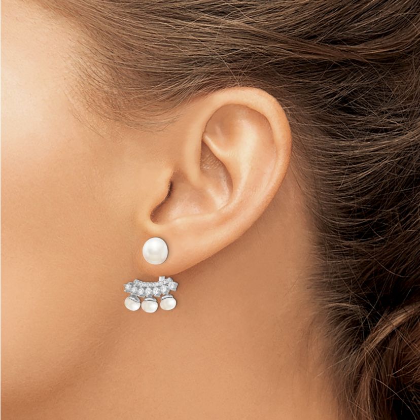 Sterling Silver Rhodium-plated White Freshwater Cultured Pearl Cubic Zirconia Front/Back Earrings